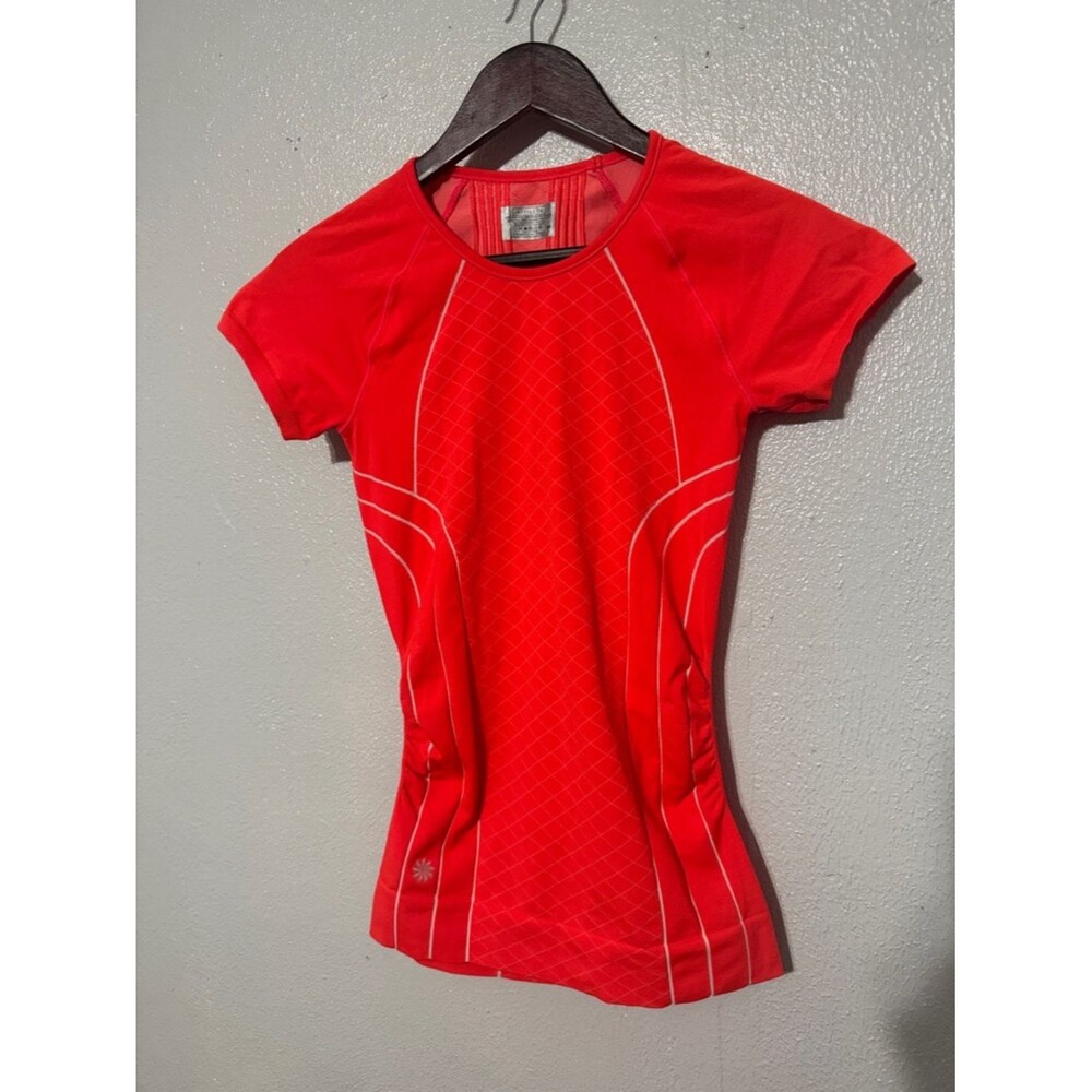Athleta Finish Fast Line Tee Neon Orange Coral Short Sleeve Athletic Gym Shirt